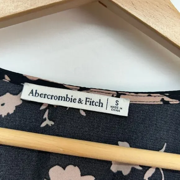 Abercrombie Black Tan Long Sleeve Tie Seamed Crop Long Sleeve Top Small Floral - Picture 6 of 7